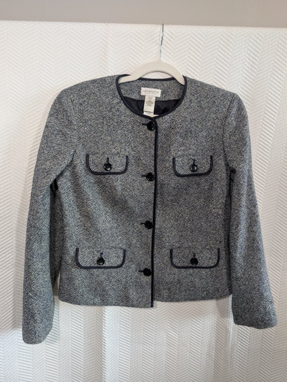 Liz Claiborne Lizsport Petite Tweed Blazer Navy Blue Wool Blend Size 10P Office